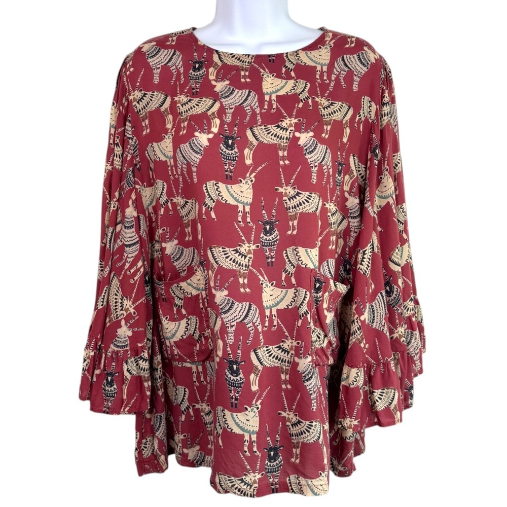 World Market Womens Boho Antelope Tunic Top Sz L/XL Bell Sleeve Novelty Animal - Picture 2 of 9